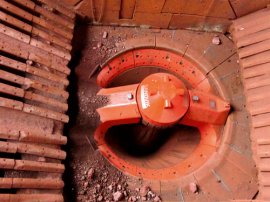 A Sandvik CG820 gyratory crusher, showing the intake, spider arms and cap, and rim liners.