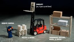 The R/C Mini Toy Forklift comes with pallets, drums, a shelving unit, boxes, and crates.